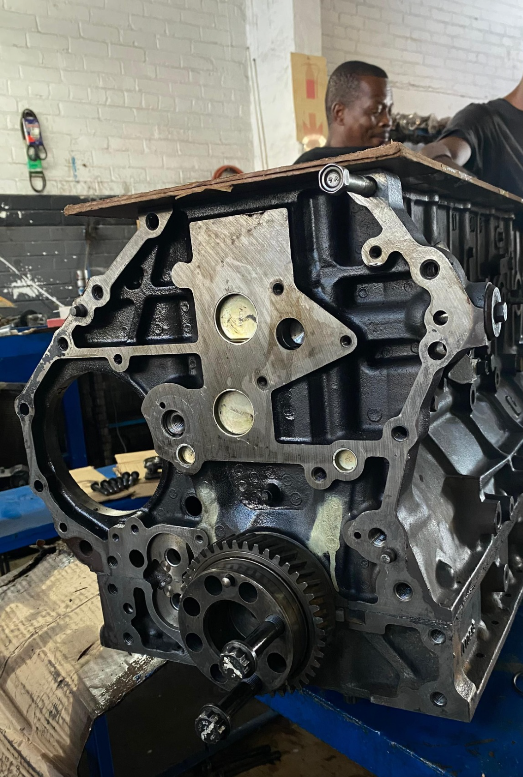 Engine block on the stand at Mpangele Auto Engineering